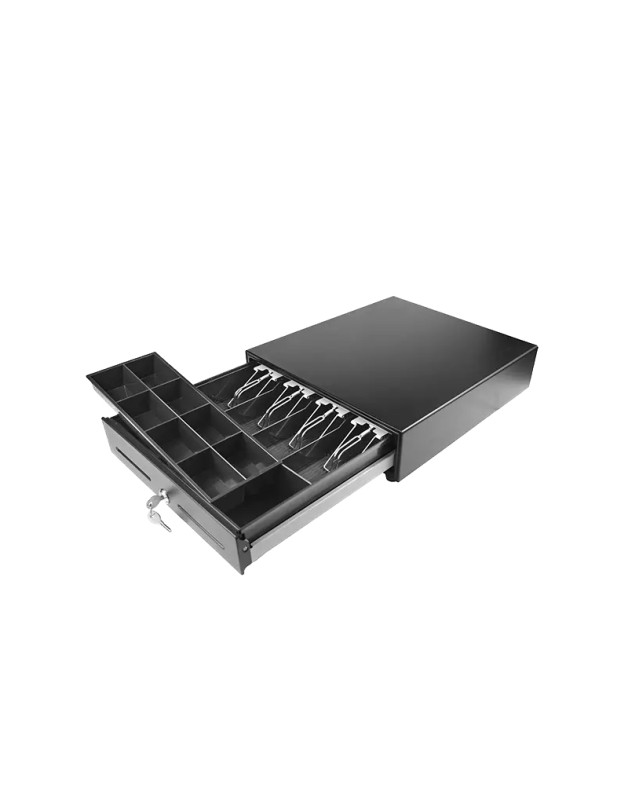 410 HQ-B - Cajón portamonedas automático 41x41 cm, 5 compartimentos para billetes ajustables, 8 gavetas para monedas ajustables y removibles, 2 ranu