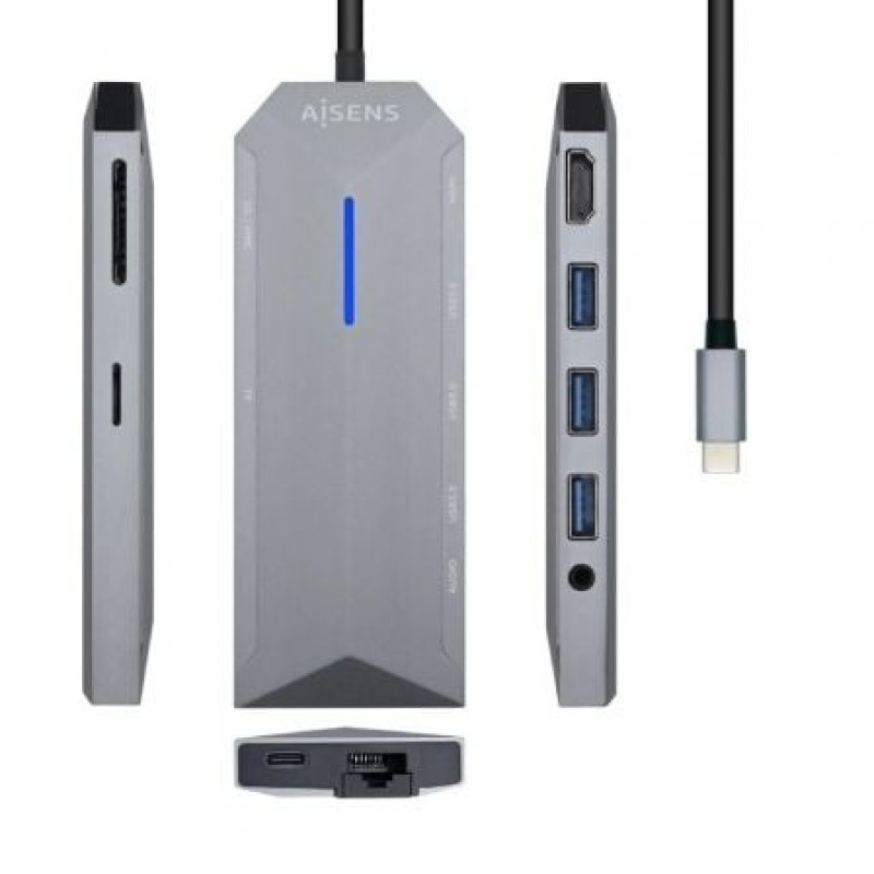 AISENS - USB-C DOCK 9 EN 1, USB-C A 1xHDMI, 1XRJ45, 3xUSB, 1xPD, 1xAUDIO, 1xSD, 1xMICRO SD, GRIS, 15CM