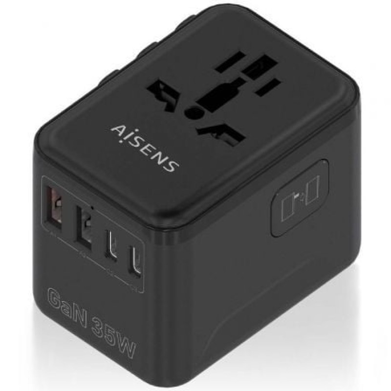 AISENS Adaptador Enchufe Universal Para Viaje EU/USA/UK/AU Con Cargador USB GaN, 2xUSB-A (A1 QC3.0), 3xUSB-C (C1 PD3.0) 35W, Negro