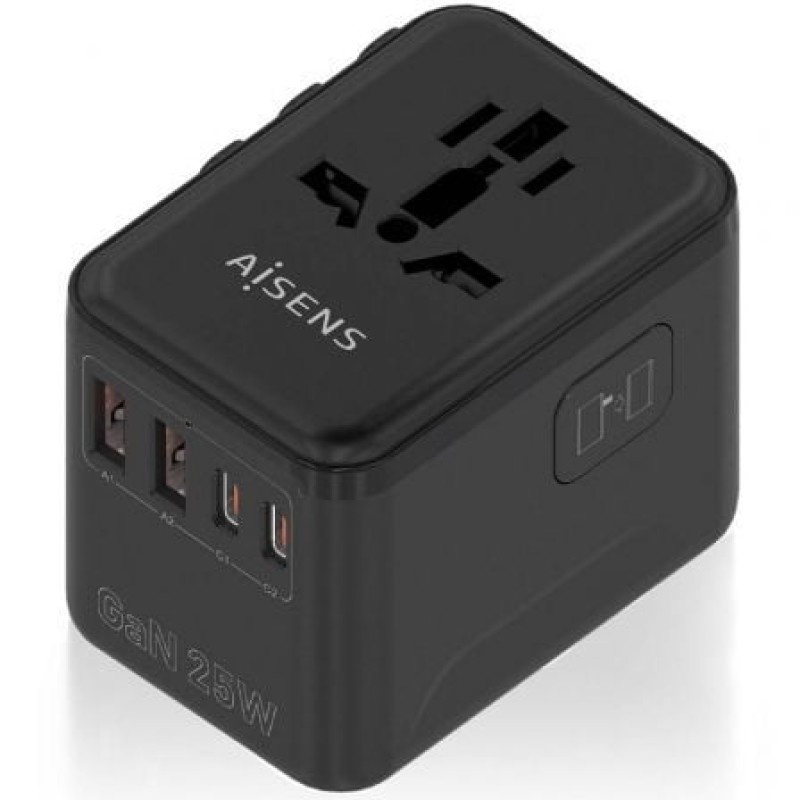 AISENS Adaptador Enchufe Universal Para Viaje EU/USA/UK/AU Con Cargador USB GaN, 2xUSB-A QC3.0, 2xUSB-C PD3.0 25W, Negro