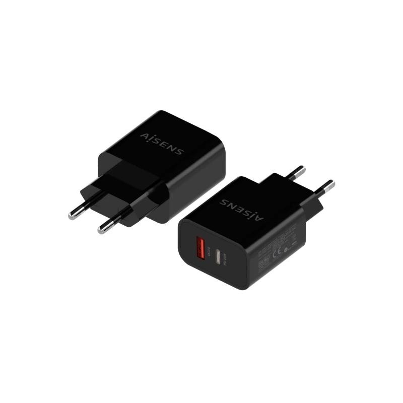 AISENS Cargador 20W, 1xUSB-C PD3.0, 1xUSB-A QC3.0, Negro