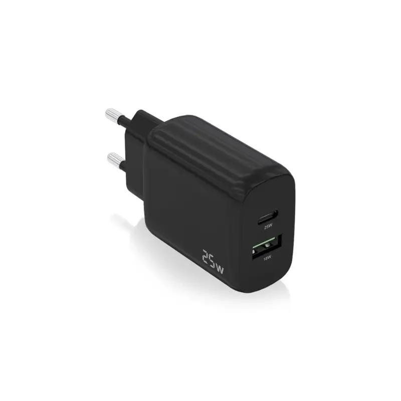 AISENS Cargador 25W, 1xUSB-C PD3.0, 1xUSB-A QC3.0, Negro