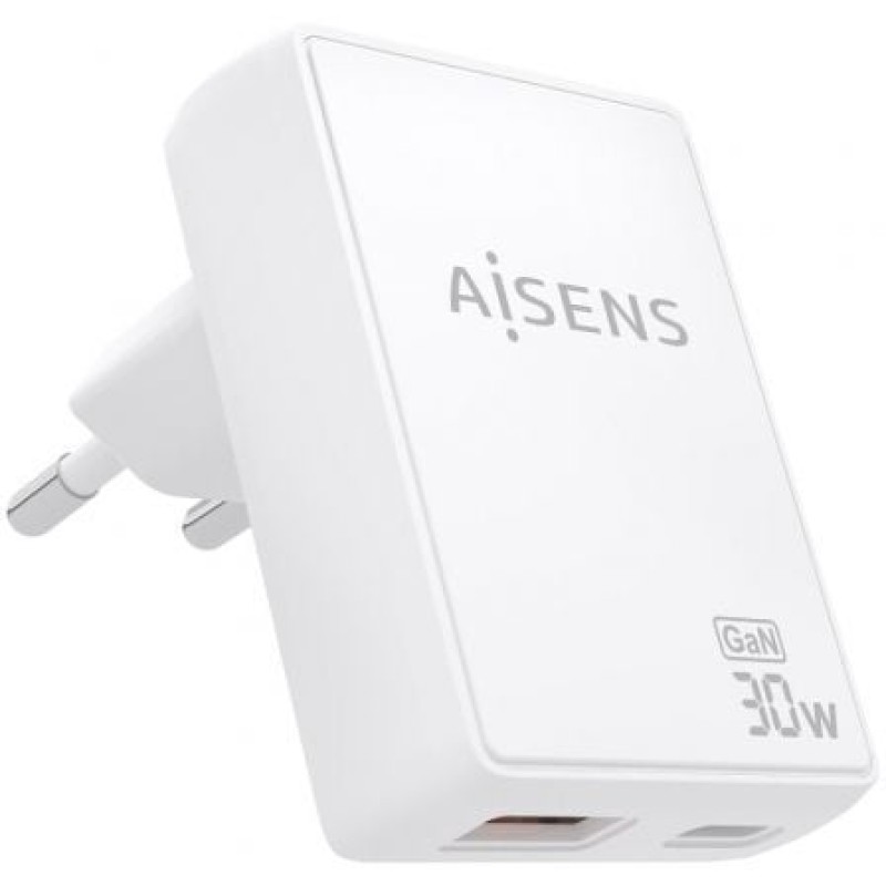 AISENS Cargador De Pared GaN Ultra Delgado 30W, 1xUSB-C PD3.0 QC4.0, 1xUSB-A QC3.0, Blanco