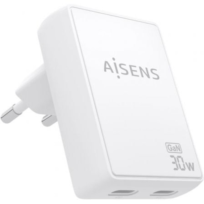 AISENS Cargador De Pared GaN Ultra Delgado 30W, 2xUSB-C PD3.0 QC4.0, Blanco