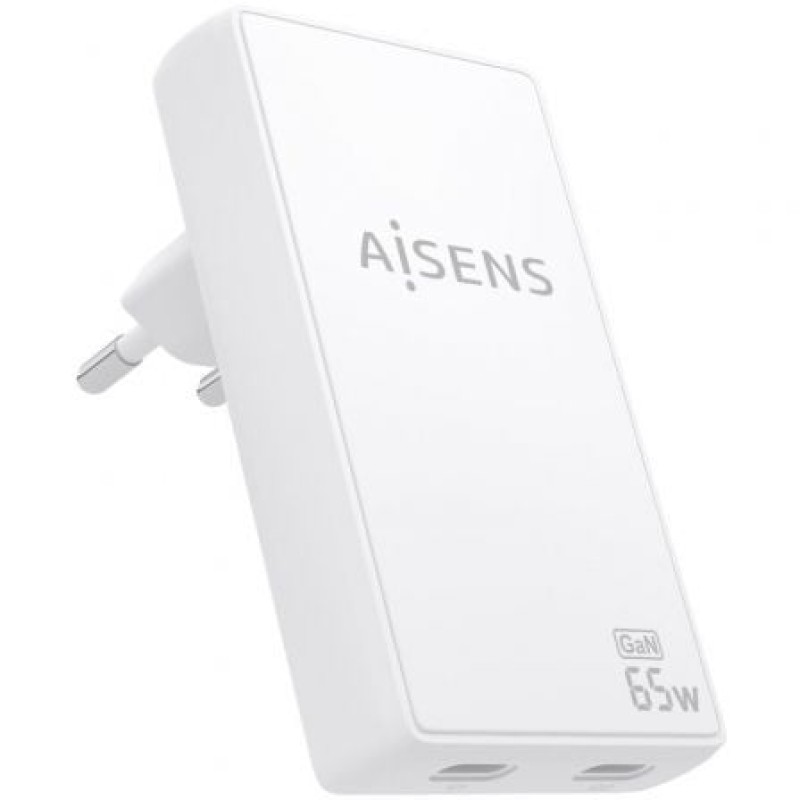 AISENS Cargador De Pared GaN Ultra Delgado 65W, 2xUSB-C PD3.0 QC4.0, Blanco