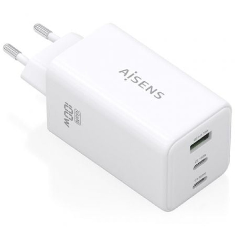 AISENS Cargador GaN 100W, 2x USB-C PD3.0 QC4.0 QC5.0, 1x USB-A QC3.0, Blanco