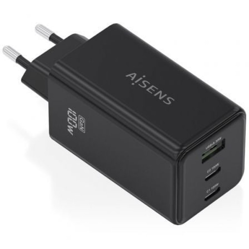 AISENS Cargador GaN 100W, 2x USB-C PD3.0 QC4.0 QC5.0, 1x USB-A QC3.0, Negro