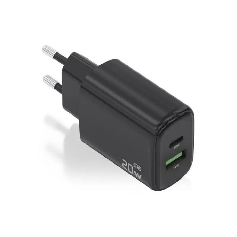 AISENS Cargador GaN 20W, 1xUSB-C PD3.0, 1xUSB-A QC3.0, Negro