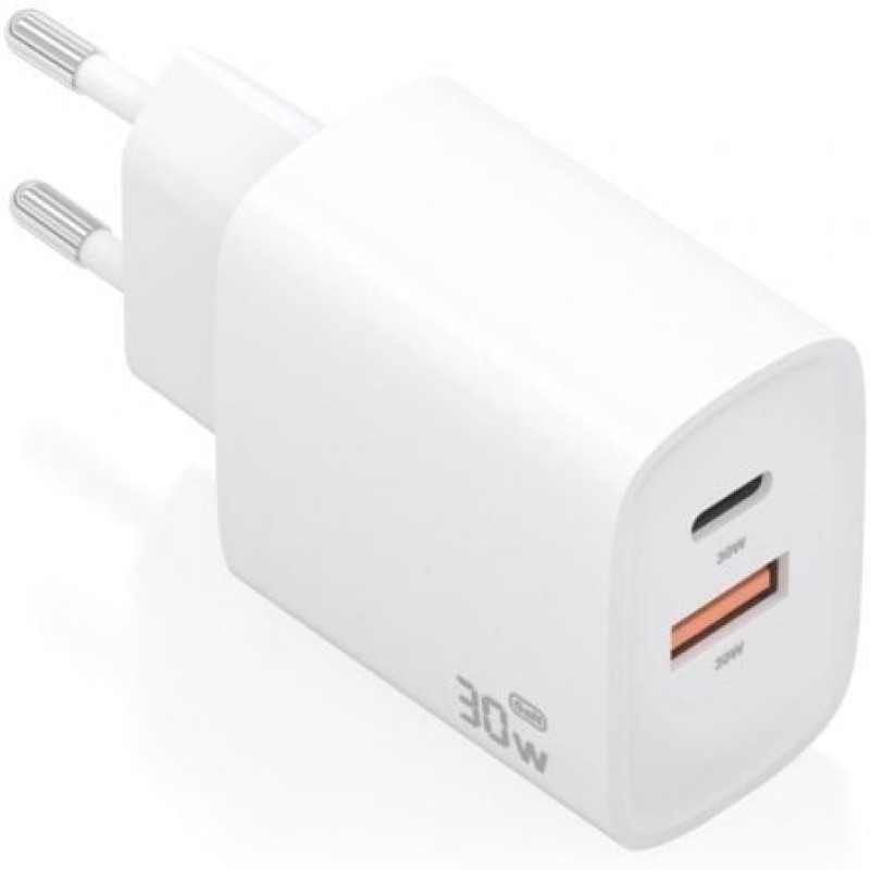 AISENS Cargador GaN 30W, 1xUSB-C PD3.0 QC4.0, 1xUSB-A QC3.0, Blanco