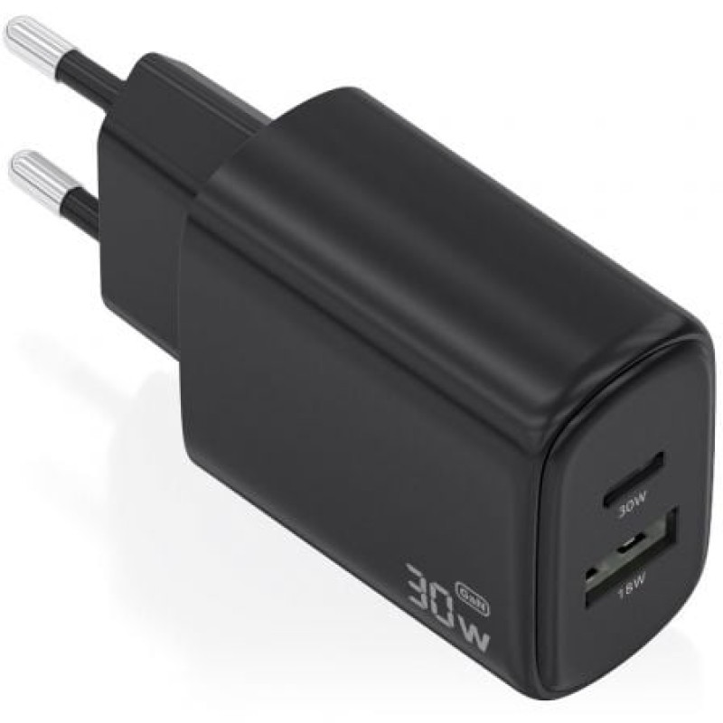 AISENS Cargador GaN 30W, 1xUSB-C PD3.0 QC4.0, 1xUSB-A QC3.0, Negro
