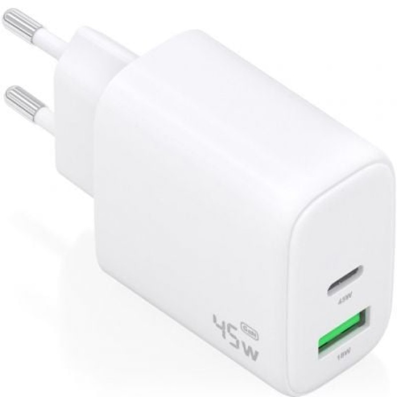 AISENS Cargador GaN 45W, 1xUSB-C PD3.0 QC4.0, 1xUSB-A QC3.0, Blanco