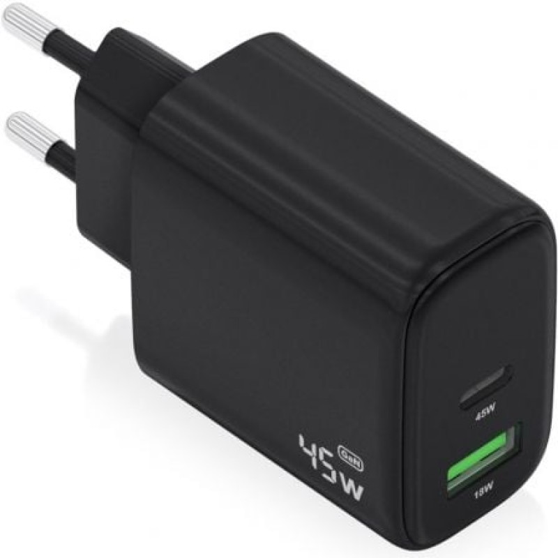AISENS Cargador GaN 45W, 1xUSB-C PD3.0 QC4.0, 1xUSB-A QC3.0, Negro