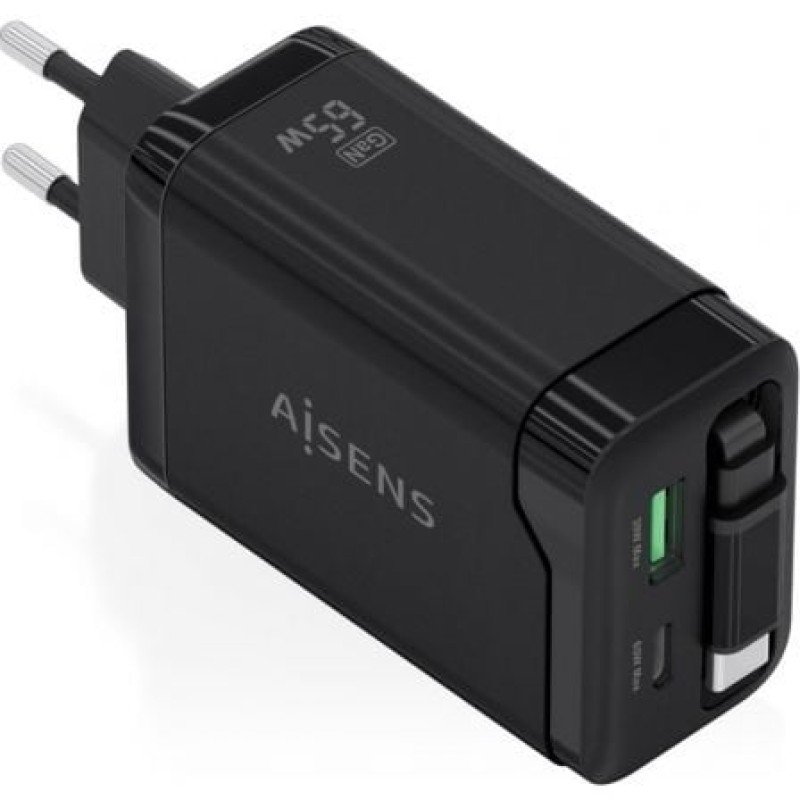 AISENS Cargador GaN 65W, 1xUSB-C Cable Retractil, 1xUSB-C PD3.0, 1xUSB-A QC3.0, Negro