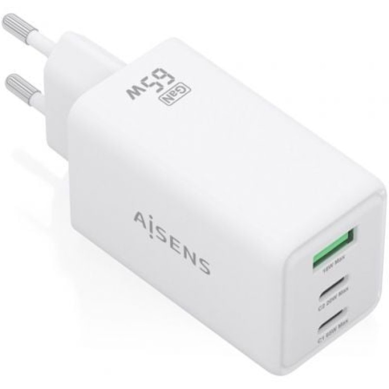 AISENS Cargador GaN 65W, 2xUSB-C PD3.0 QC4.0, 1xUSB-A QC3.0, Blanco