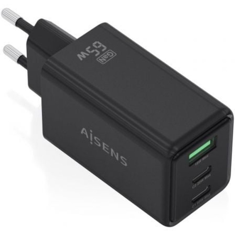 AISENS Cargador GaN 65W, 2xUSB-C PD3.0 QC4.0, 1xUSB-A QC3.0, Negro