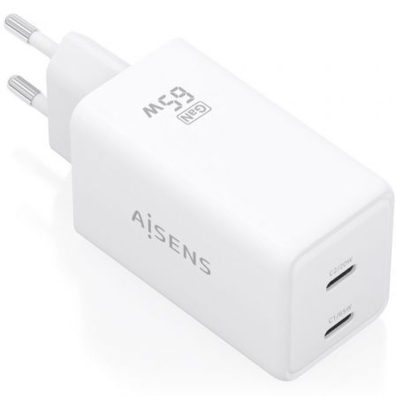AISENS Cargador GaN 65W, 2xUSB-C PD3.0 QC4.0, Blanco