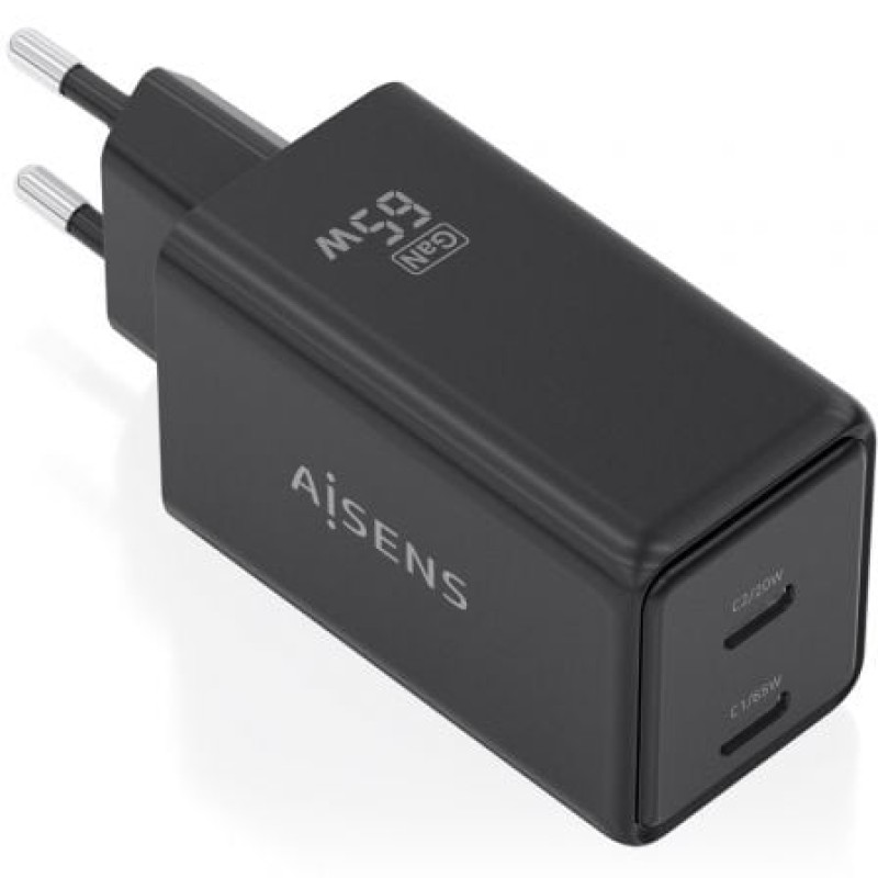 AISENS Cargador GaN 65W, 2xUSB-C PD3.0 QC4.0, Negro