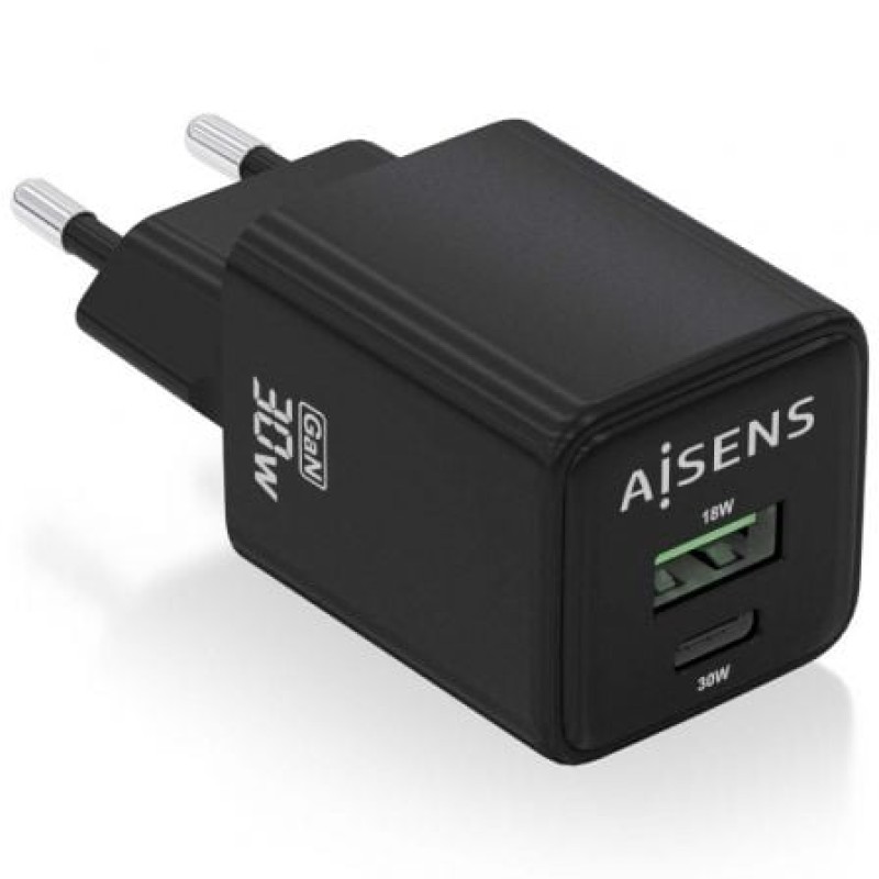 AISENS Cargador Gan 30W, 1xUSB-C PD3.0 QC4.0, 1xUSB-A QC3.0, Negro
