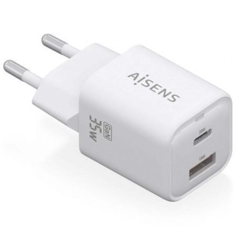 AISENS Cargador Gan 35W, 1xUSB-C PD3.0 QC4.0, 1xUSB-A QC3.0, Blanco