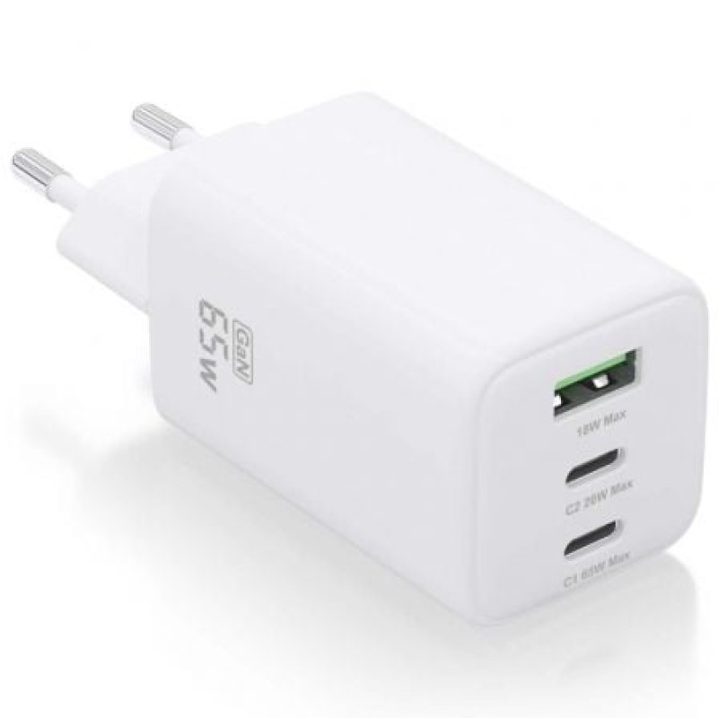 AISENS Cargador Gan 65W, 2xUSB-C PD3.0 QC4.0, 1xUSB-A QC3.0, Blanco