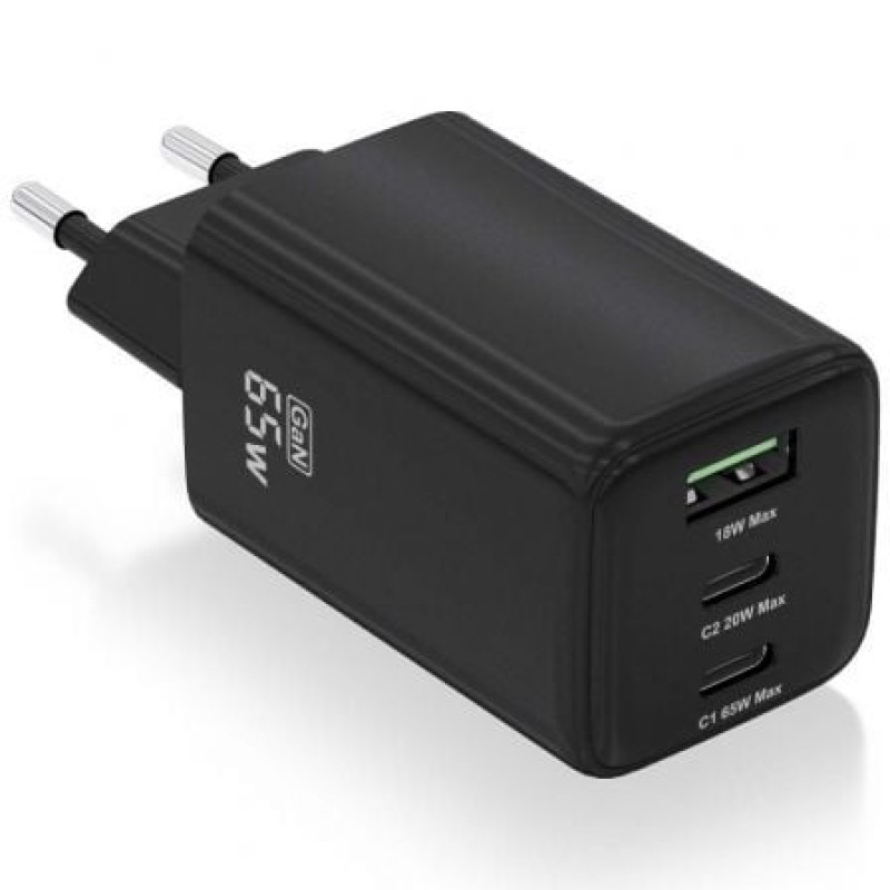 AISENS Cargador Gan 65W, 2xUSB-C PD3.0 QC4.0, 1xUSB-A QC3.0, Negro