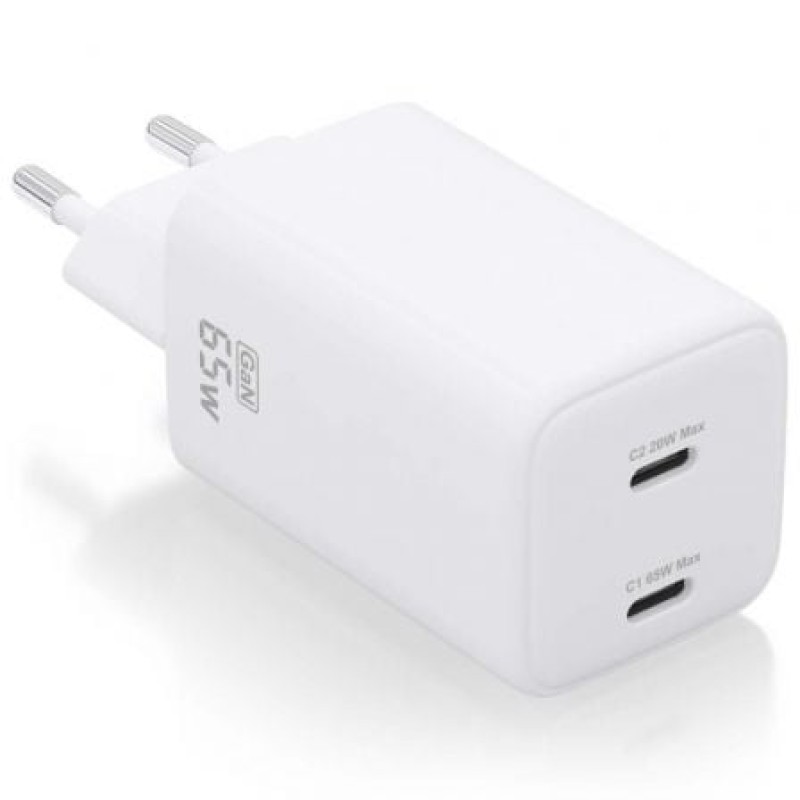 AISENS Cargador Gan 65W, 2xUSB-C PD3.0 QD4.0, Blanco