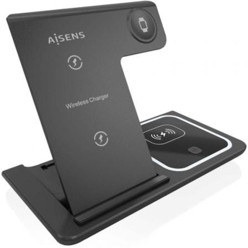AISENS Cargador Inalambrico USB-C 3 En 1 De 15W Para Movil, Apple Watch, Ariculares Con Estuche De Carga, Negro