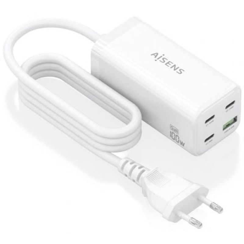 AISENS Cargador Sobremesa GaN 100W, 3x USB-C PD3.0 QC4.0 QC5.0, 1x USB-A QC3.0, Blanco