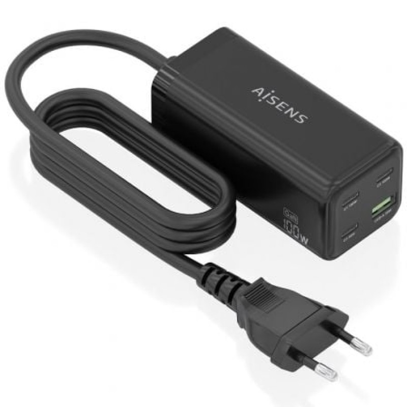 AISENS Cargador Sobremesa GaN 100W, 3x USB-C PD3.0 QC4.0 QC5.0, 1x USB-A QC3.0, Negro
