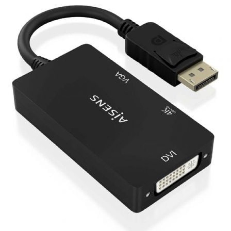AISENS Conversor Displayport V1.2 a VGA/DVI/HDMI, DP 1.2/M-VGA/H-DVI/H-HDMI/H 4K, Negro, 15cm
