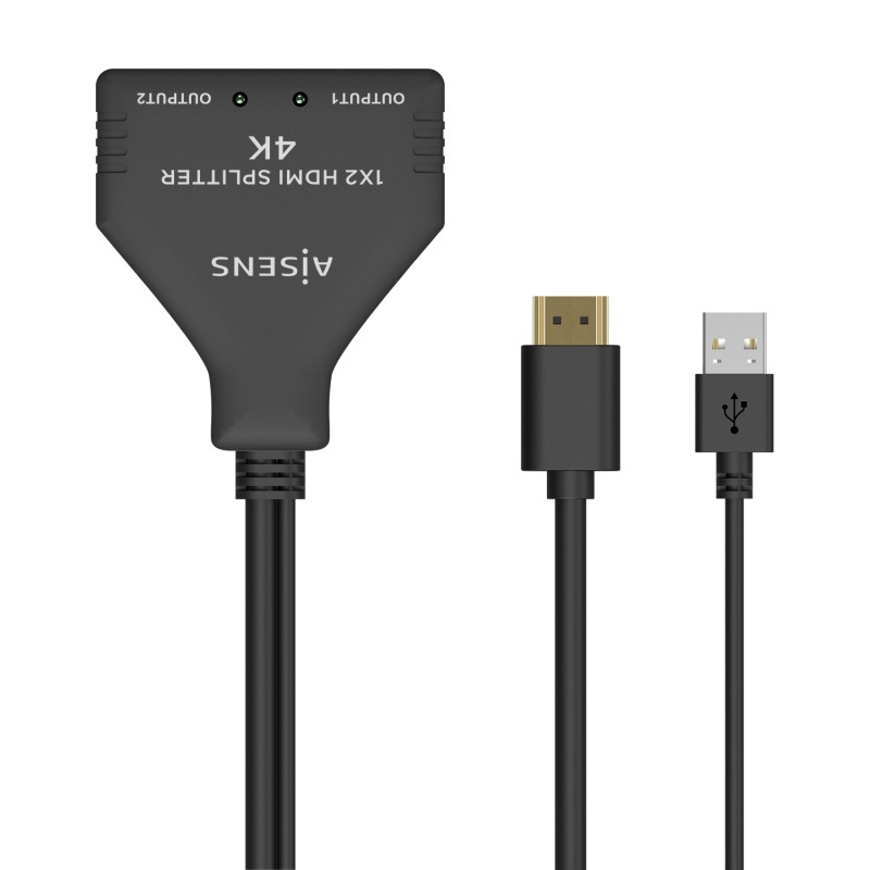 AISENS HDMI Duplicador 4K@30HZ 1x2 con Alimentación USB y Cable, Negro, 30 cm