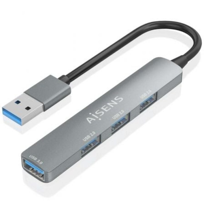 AISENS HUB USB 3.0 Aluminio, 1xUSB3.0 A/H+3xUSB2.0 A/H, Gris, 10cm