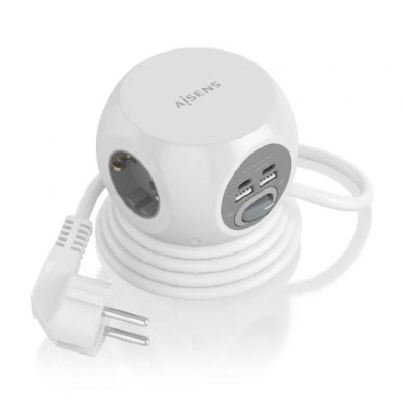 AISENS Regleta de Enchufes Sobremesa Multifuncion con 3 Tomas + 2xUSB-C, 2xUSB-A, 1.4M, Blanco