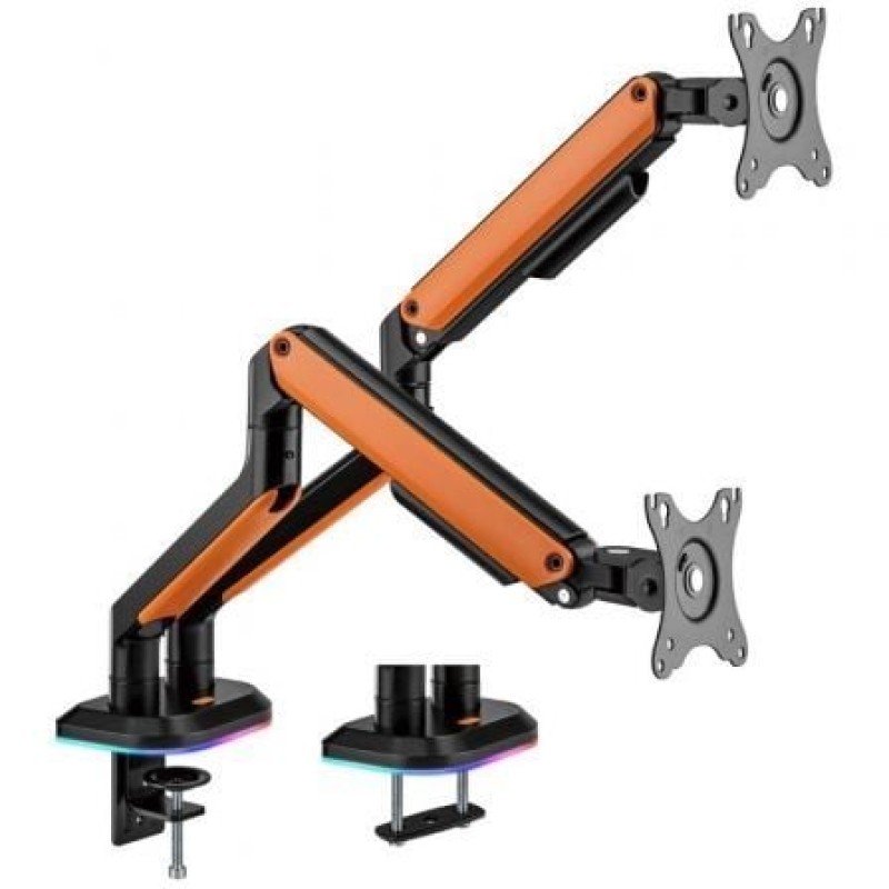 AISENS Soporte de Mesa RGB Gaming contrapeso giratorio e inclinable para Monitor/TV 9Kg (3 Pivotes, 2 Brazos) de 17-32, Negro-Naranja