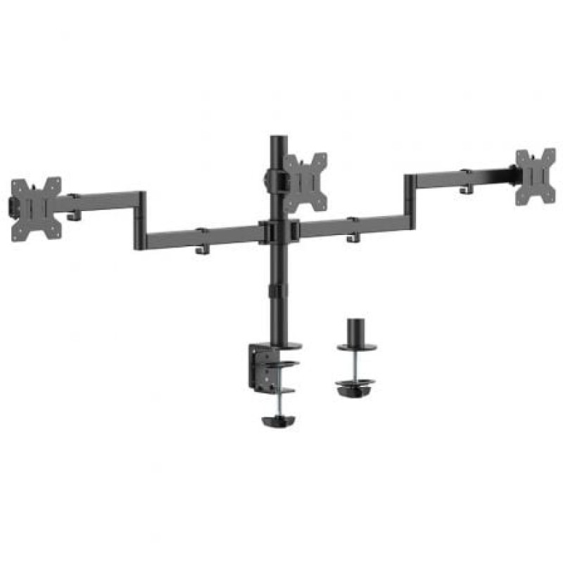 AISENS Soporte de mesa eco giratorio e inclinable para 3 monitores 10kg (3 Pivotes, 2 Brazos) de 13-27, Negro
