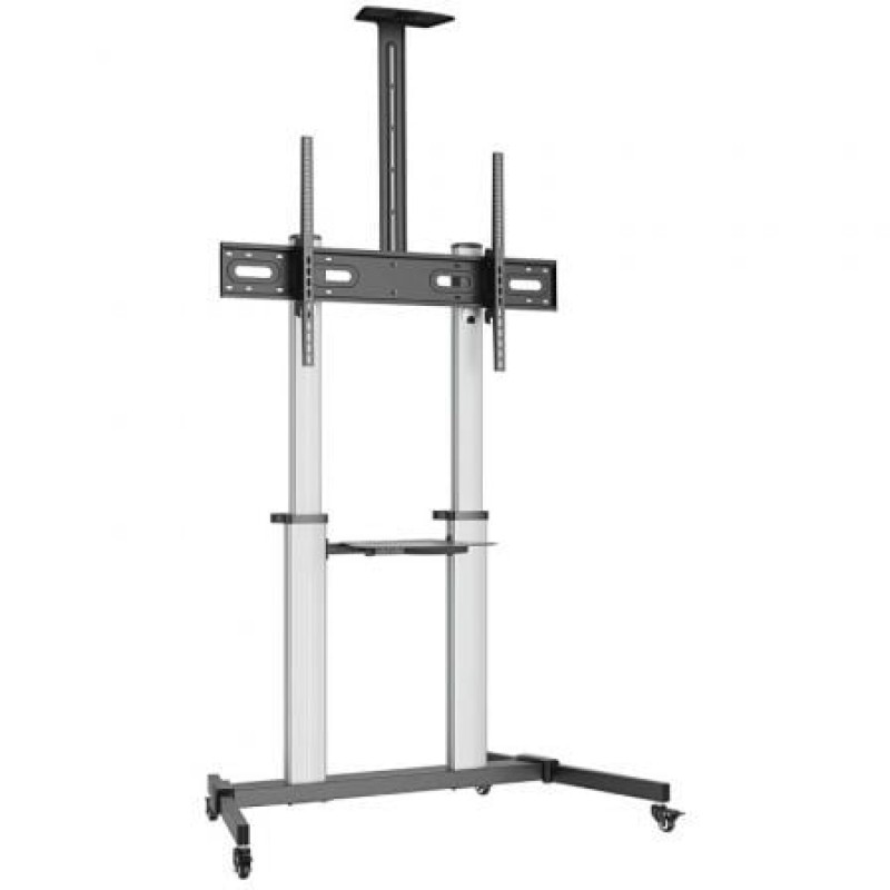 AISENS Soporte de suelo PRO con ruedas, bandeja para DVD y soporte de cámara para Monitor/TV 100Kg de 60-100, Negro-Plata