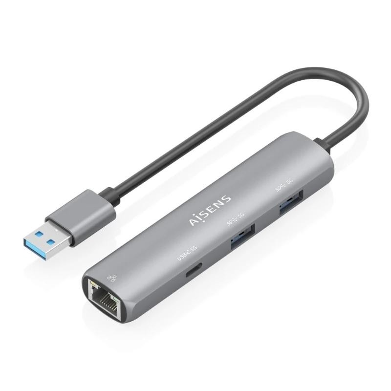 AISENS USB3.0 Dock USB-A A Ethernet Gigabit + Hub 1xUSB-C+2xUSB-A, Gris, 15cm