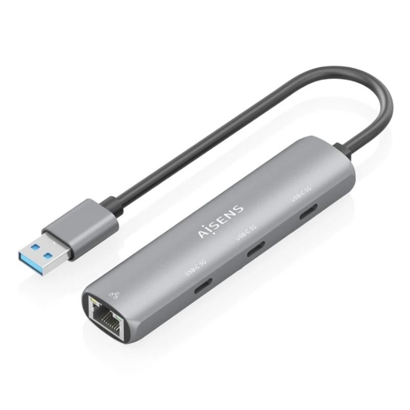 AISENS USB3.0 Dock USB-A A Ethernet Gigabit + Hub 3xUSB-C, Gris, 15cm