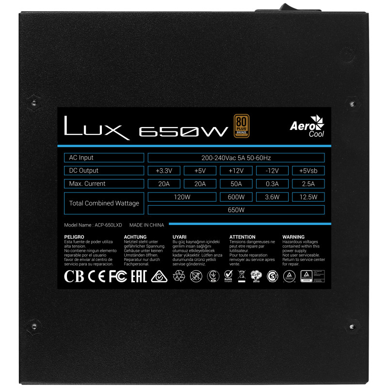 Aerocool LUX650 Fuente Alimentación PC 650W 80 Plus Bronze 230V 88% Eficiencia Negro