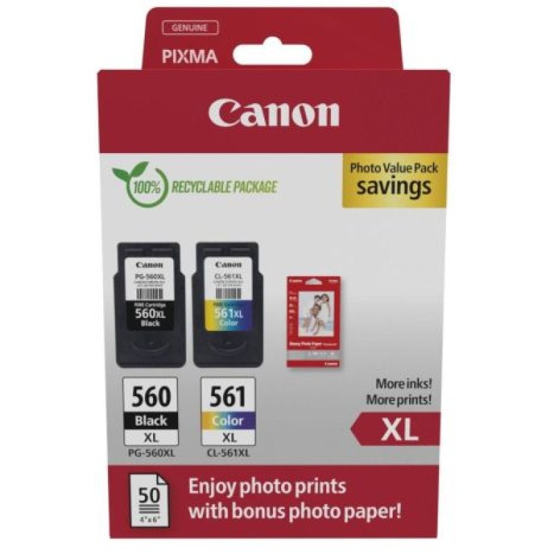 Canon PG-560/CL-561 Photo Value Pack - 2er-Pack - Schwarz, Farbe (Cyan, Magenta, Gelb) - original - glänzend - Tintenpatrone / Papierkit