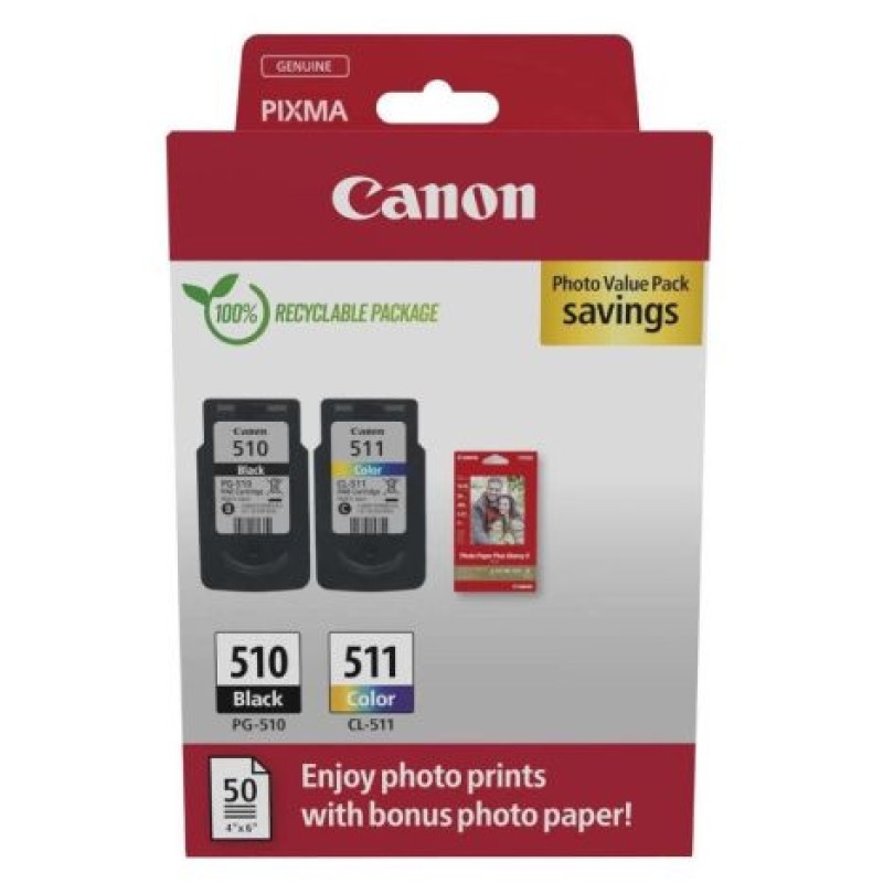 Cartucho de Tinta Original Canon PG-510 + CL-511 Multipack/ Negro/ Tricolor + Papel Fotográfico