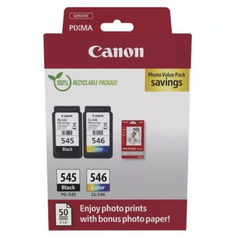 Cartucho de Tinta Original Canon PG-545 + CL-546 Multipack/ Negro/ Tricolor + Papel Fotográfico