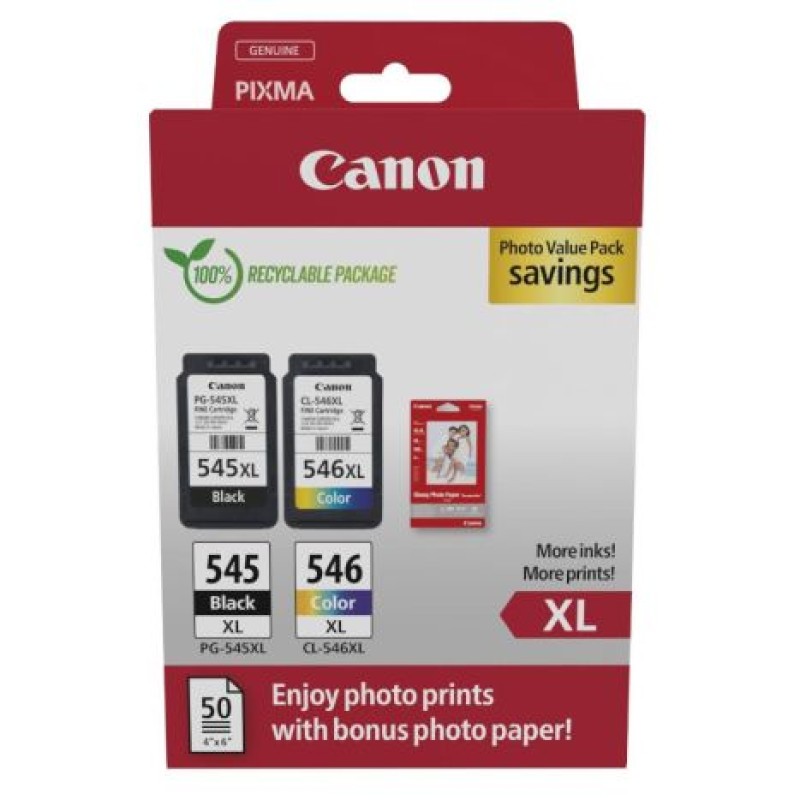 Cartucho de Tinta Original Canon PG-545XL + CL546XL Multipack Alta Capacidad/ Negro/ Tricolor + Papel Fotográfico