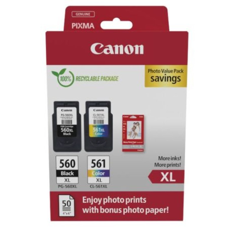 Cartucho de Tinta Original Canon PG-560XL + CL-561XL Multipack Alta Capacidad/ Negro/ Tricolor + Papel Fotográfico