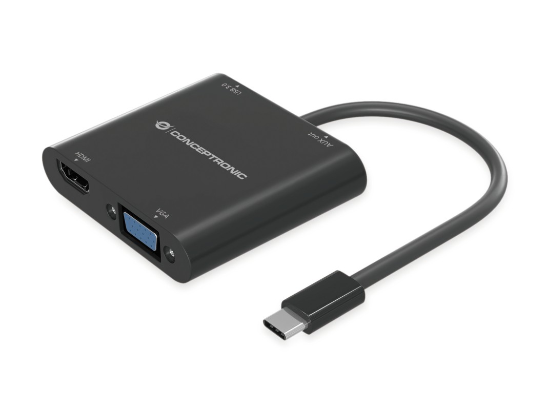 Conceptronic DONN09B adaptador de cable de vídeo 0,2 m USB Tipo C HDMI + VGA (D-Sub) + USB Type-A + 3.5mm Negro