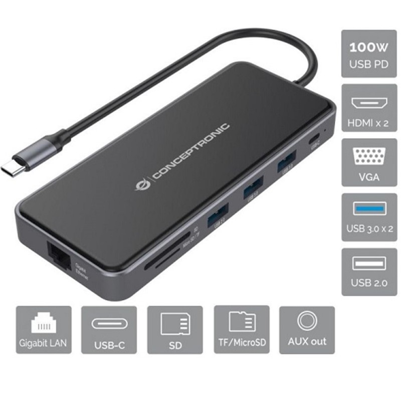 Conceptronic DONN15G base para portátil y replicador de puertos Alámbrico USB 3.2 Gen 1 (3.1 Gen 1) Type-C Gris