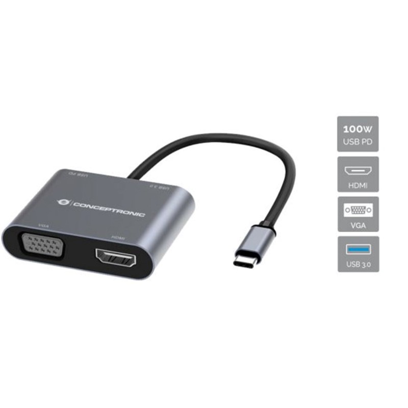 Conceptronic DONN16G base para portátil y replicador de puertos Alámbrico USB 3.2 Gen 1 (3.1 Gen 1) Type-C Negro, Plata
