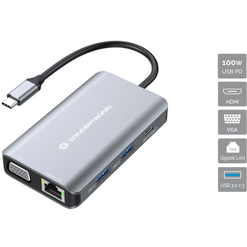Conceptronic DONN21G base para portátil y replicador de puertos Alámbrico USB 3.2 Gen 1 (3.1 Gen 1) Type-C Gris