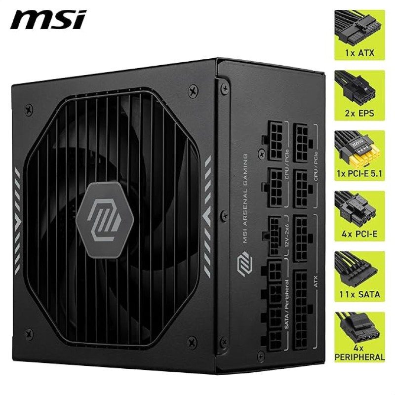 FUENTE ALIMENTACION MSI MAG A1000GLS PCIE5,PSU,1000W,80 PLUS GOLD,MODULAR,135MM,ACTIVE PFC,PCI-E 5.0 (16 PIN)X1,PCI-E (6+2 PIN)X4,SATA (15 PIN)X11