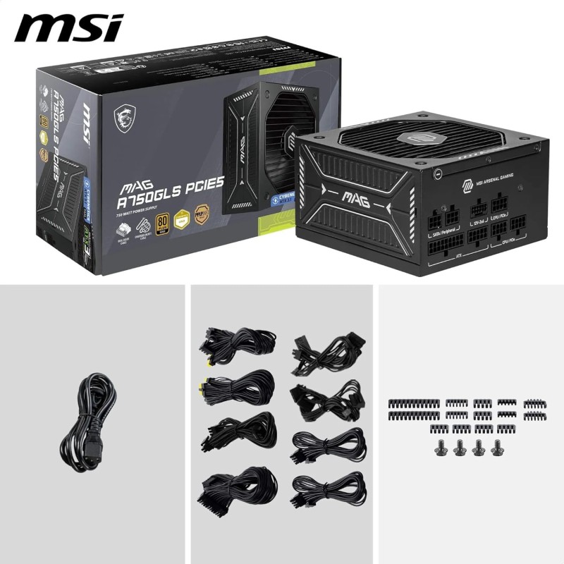 FUENTE ALIMENTACION MSI MAG A750GLS PCIE5,PSU,750W,80 PLUS GOLD,MODULAR,120MM,ACTIVE PFC,PCI-E 5.0 (16 PIN)X1,PCI-E (6+2 PIN)X4,SATA (15 PIN)X5